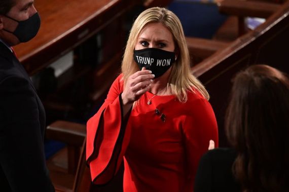 Marjorie Greene wears Trump won mask